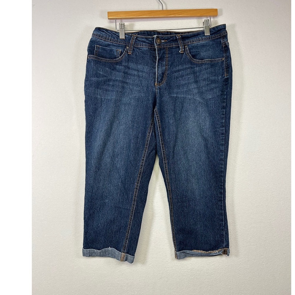 Casual Summer Faded Glory Womens 12 Blue Dark Wash Cuffed Denim Capri Jeans
